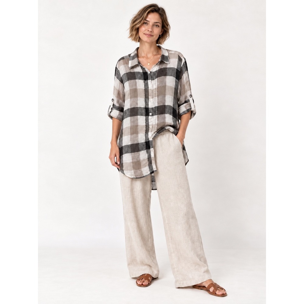 Match Point Tunic Size M Plaid Linen Cotton Neutral Button Up Long Sleeve Top